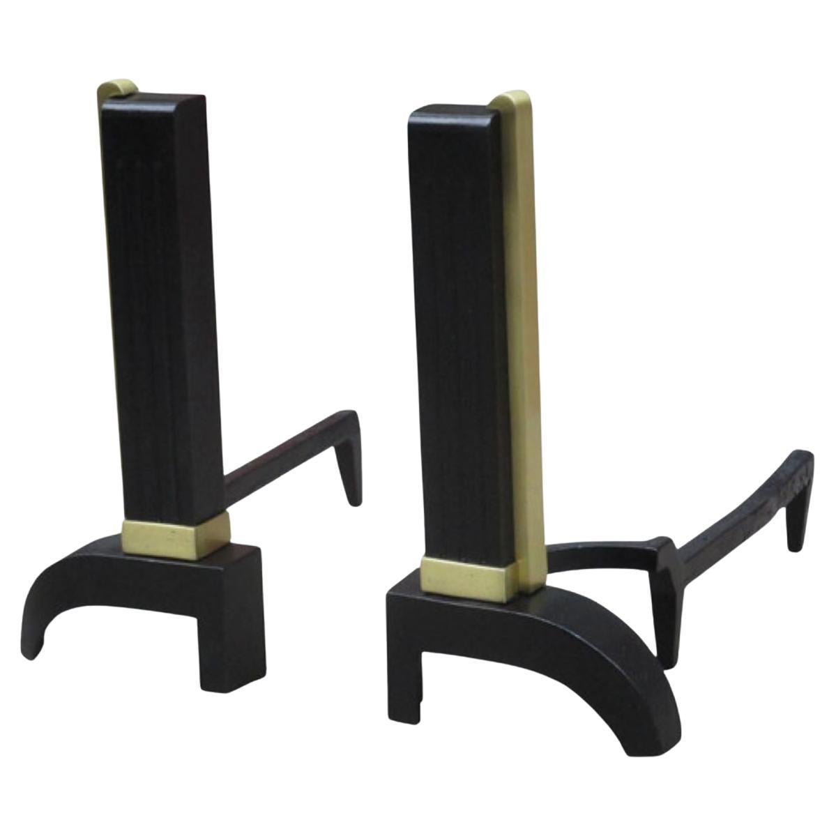 Pair French Art Deco Period Iron Brass Andirons France 1930 For Sale