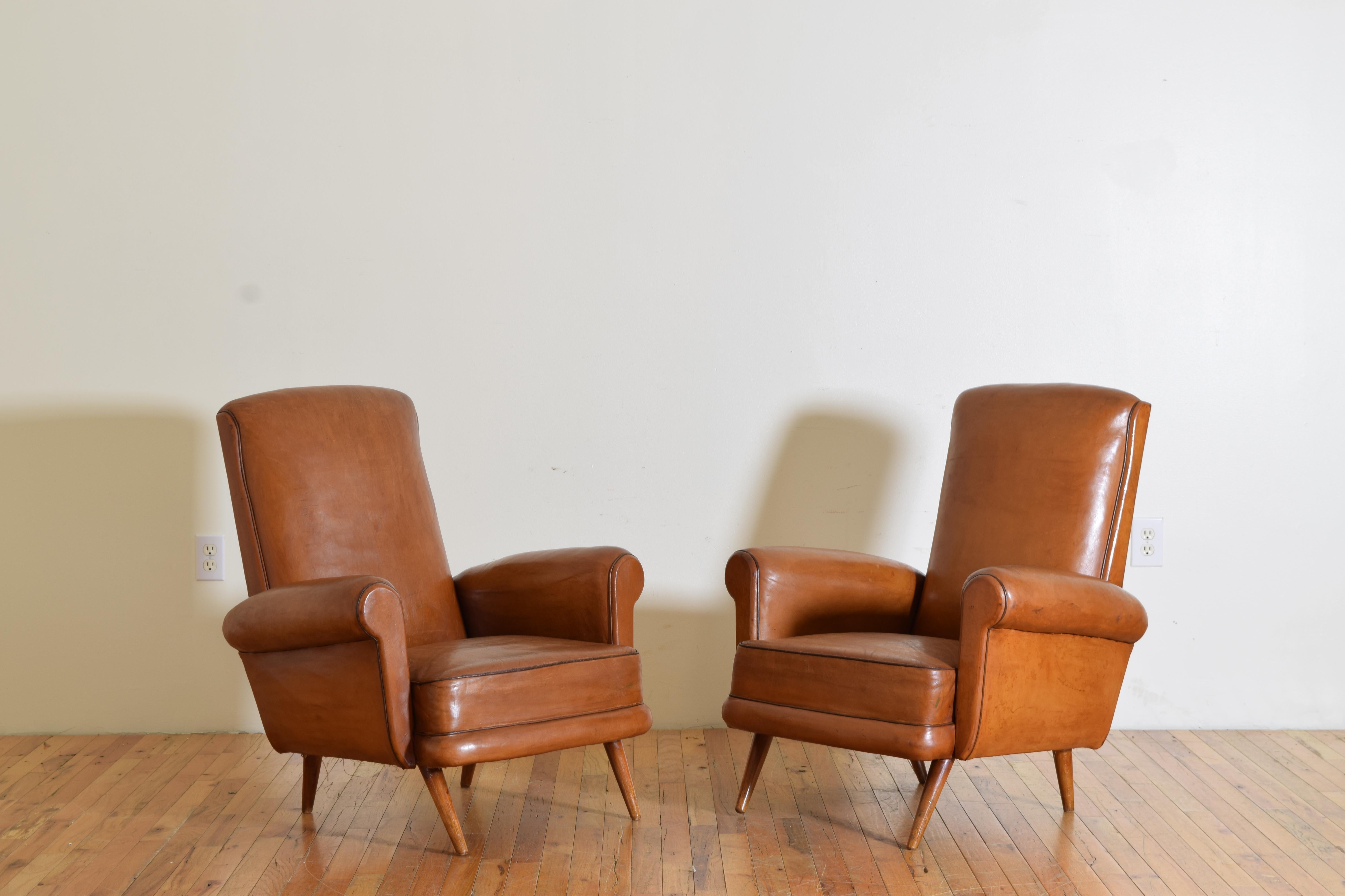 Pair French Art Deco Period Leather Upholstered Club Chairs, 2nd quarter 20thc In Good Condition For Sale In Atlanta, GA