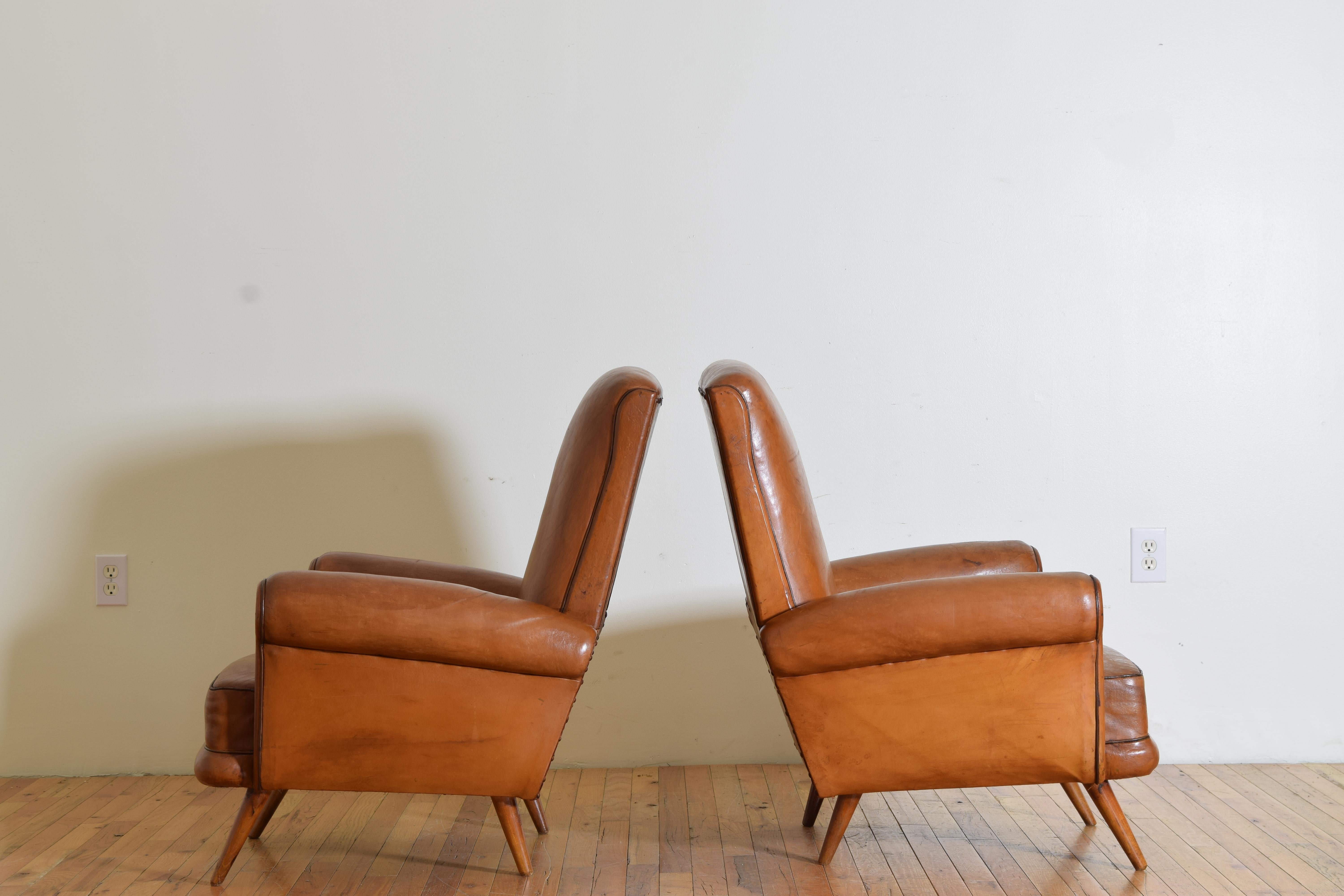 Pair French Art Deco Period Leather Upholstered Club Chairs, 2nd quarter 20thc For Sale 1