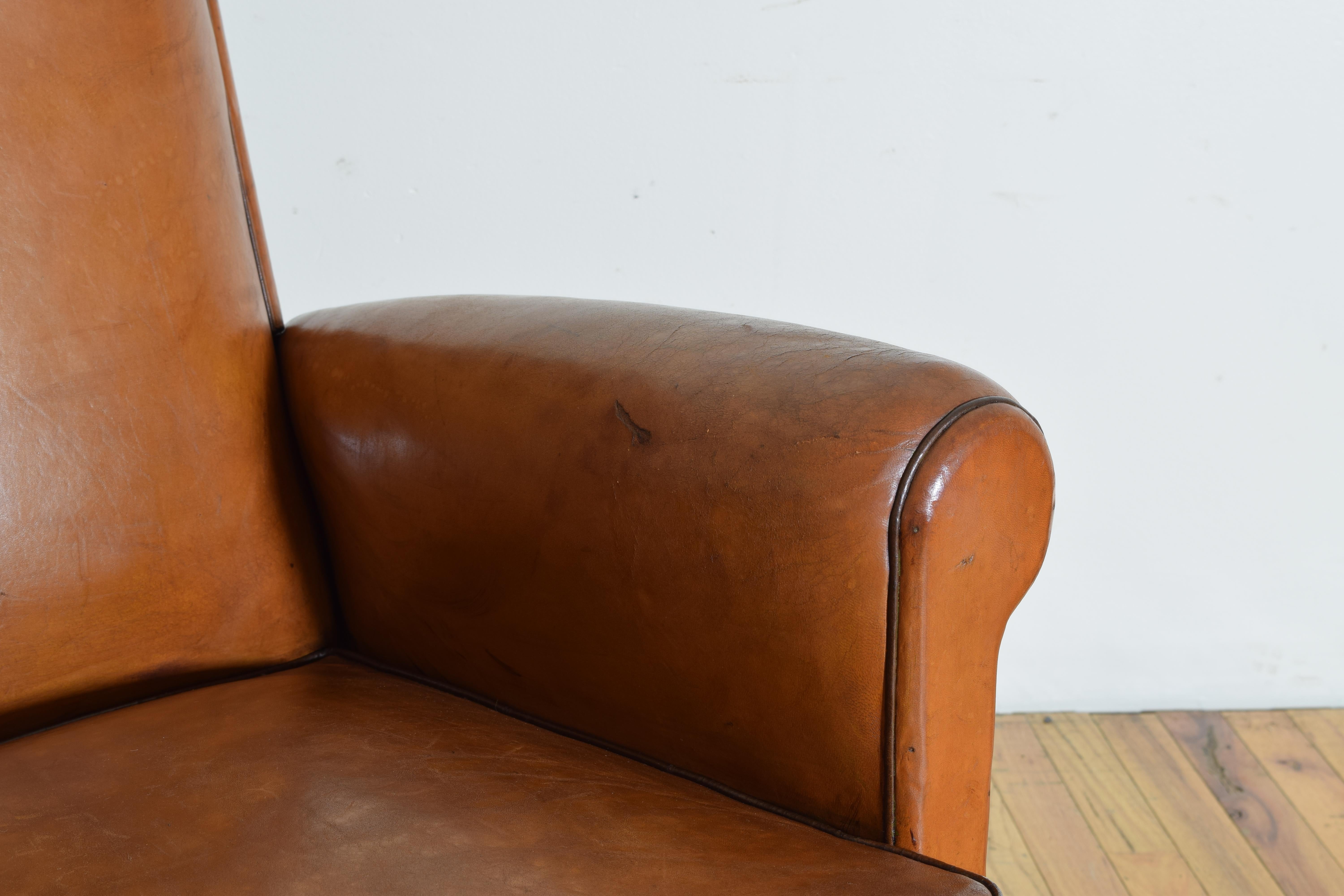 Pair French Art Deco Period Leather Upholstered Club Chairs, 2nd quarter 20thc For Sale 4