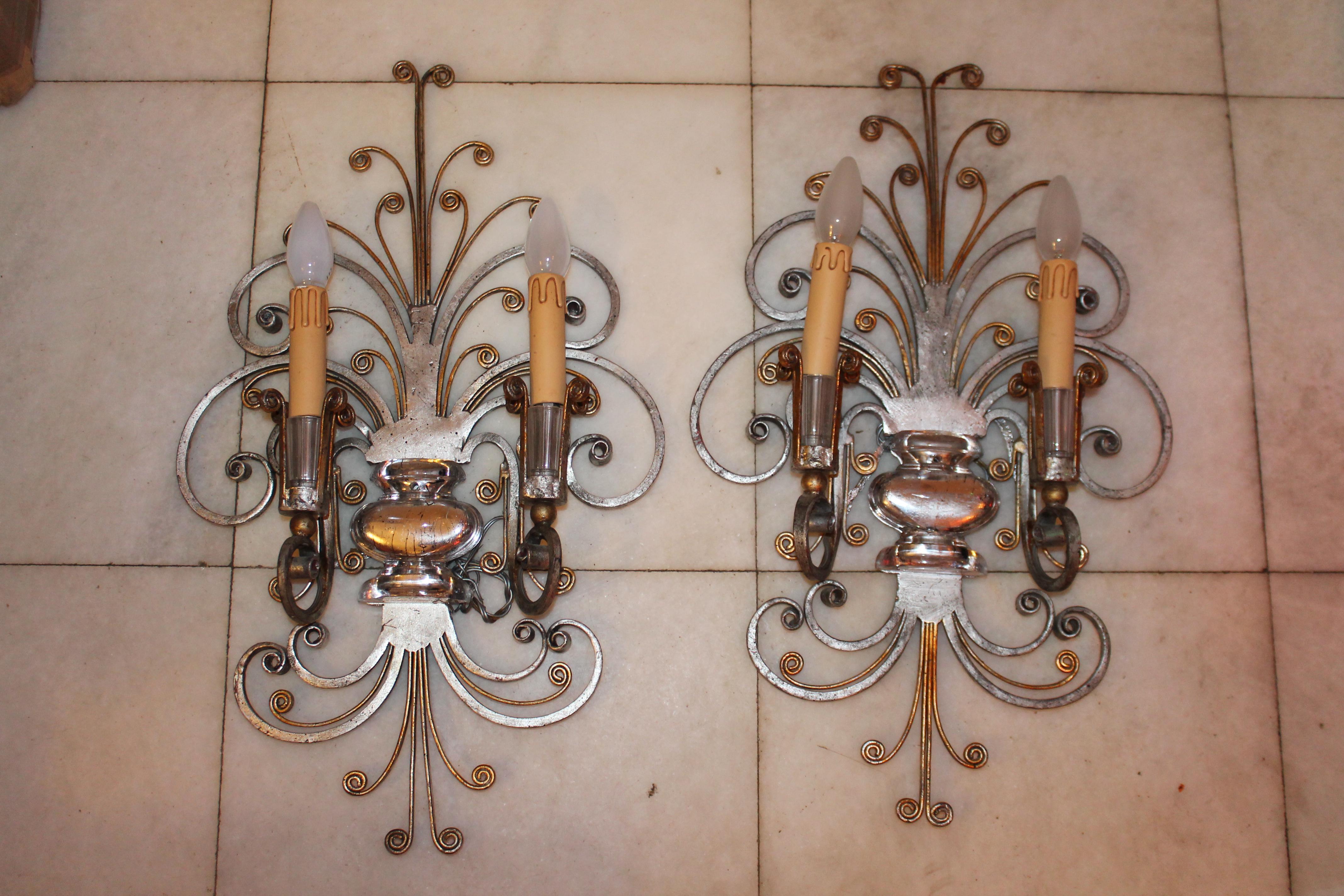 Pair French Art Deco Scrolled Iron Wall Sconces by Maison Bagues. Gilt and silvered metal with Crystal insert detail.