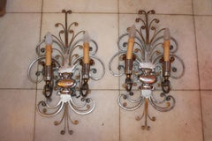 Pair French Art Deco Scrolled Gilt/ Silver Steel Maison Bagues Wall Sconces