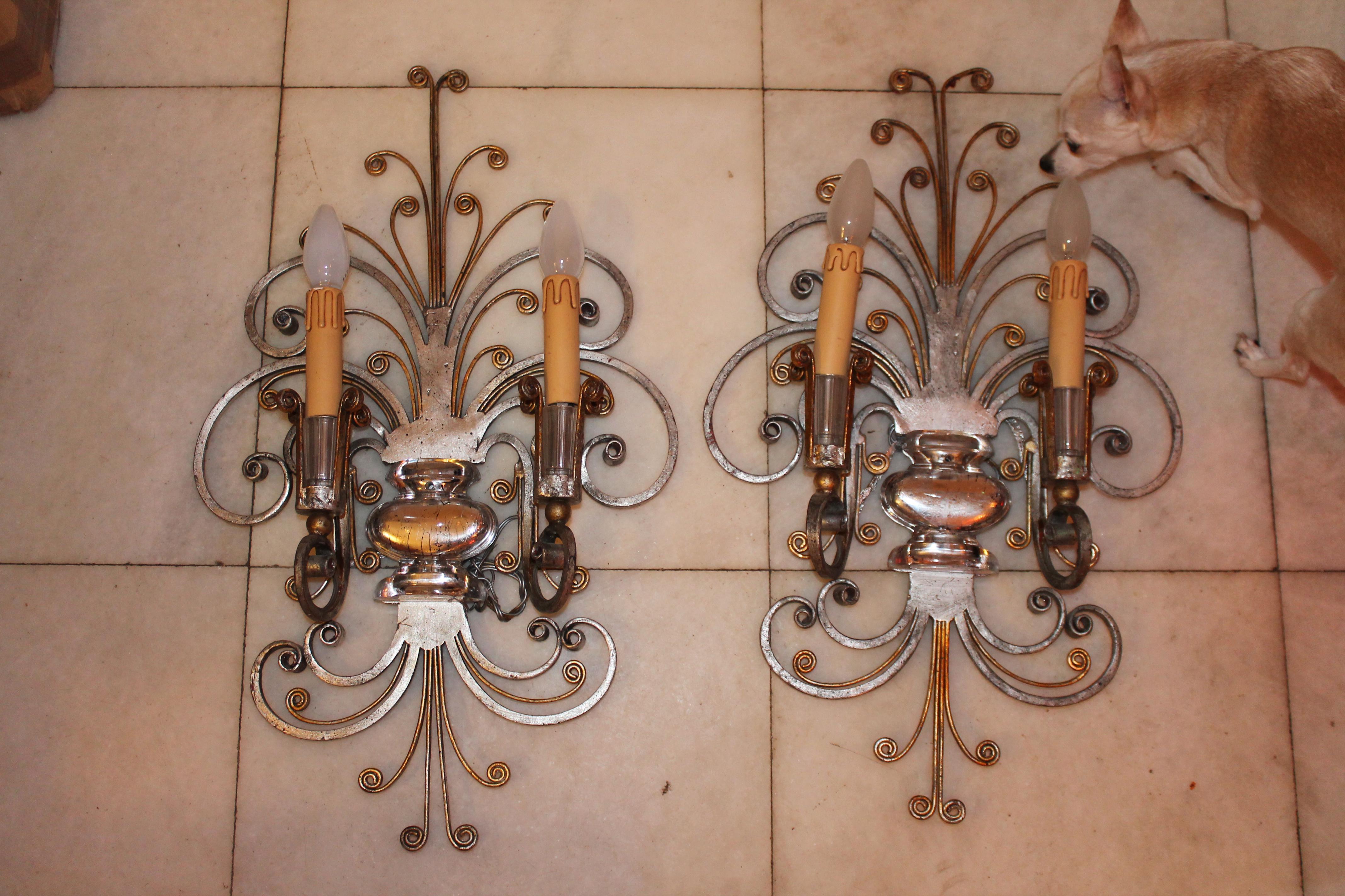 Pair French Art Deco Scrolled Gilt/ Silver Steel Maison Bagues Wall Sconces  In Good Condition For Sale In Opa Locka, FL