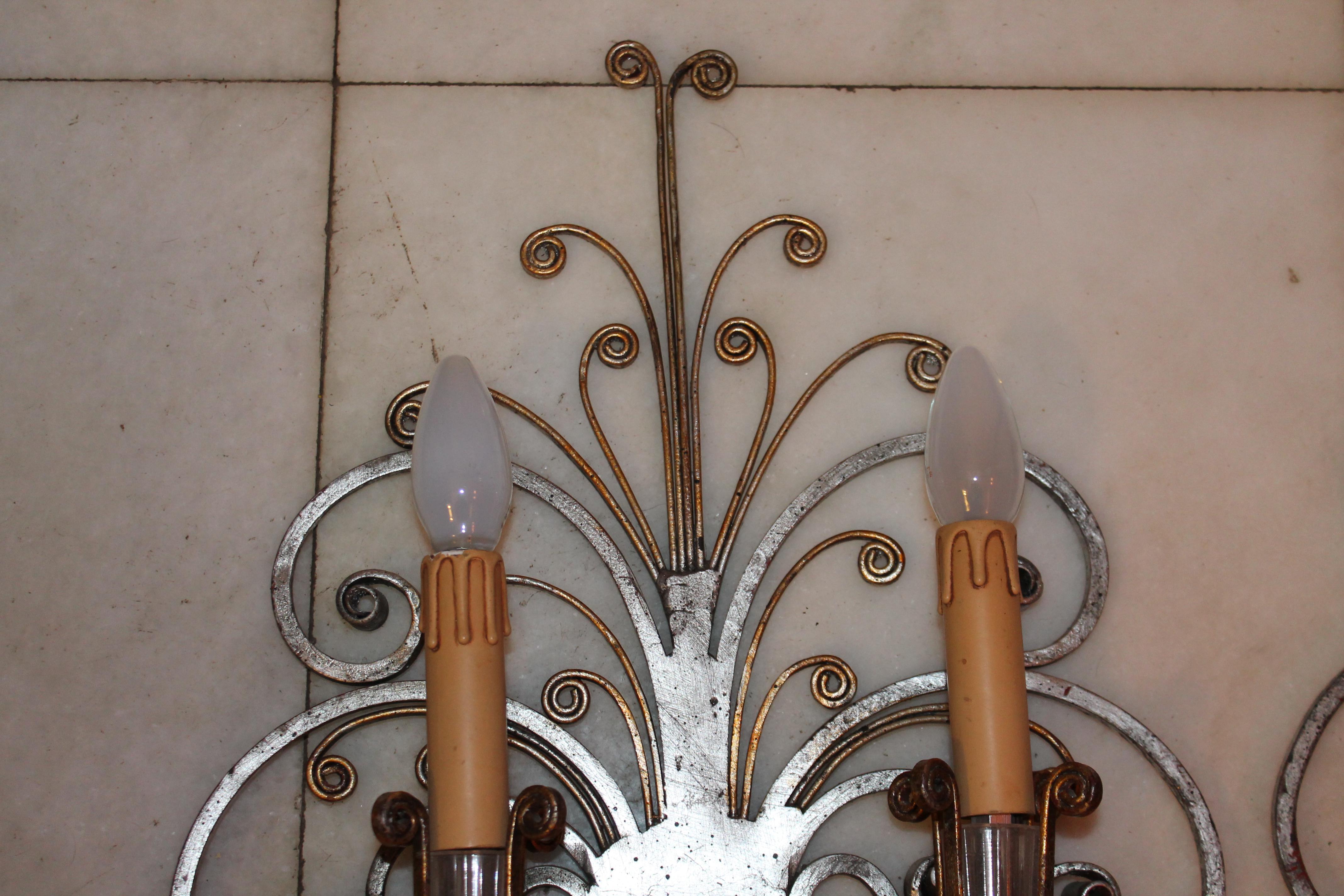 Pair French Art Deco Scrolled Gilt/ Silver Steel Maison Bagues Wall Sconces For Sale 2