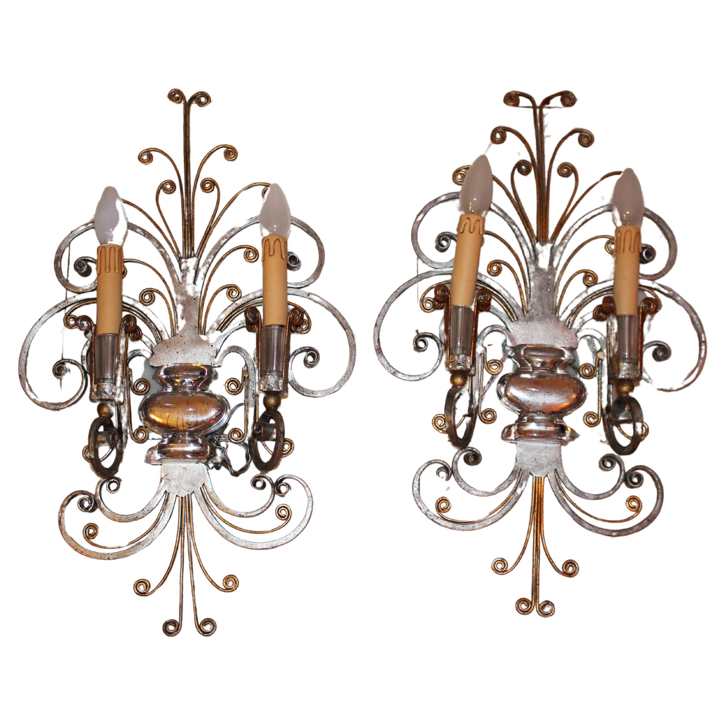 Pair French Art Deco Scrolled Gilt/ Silver Steel Maison Bagues Wall Sconces  For Sale