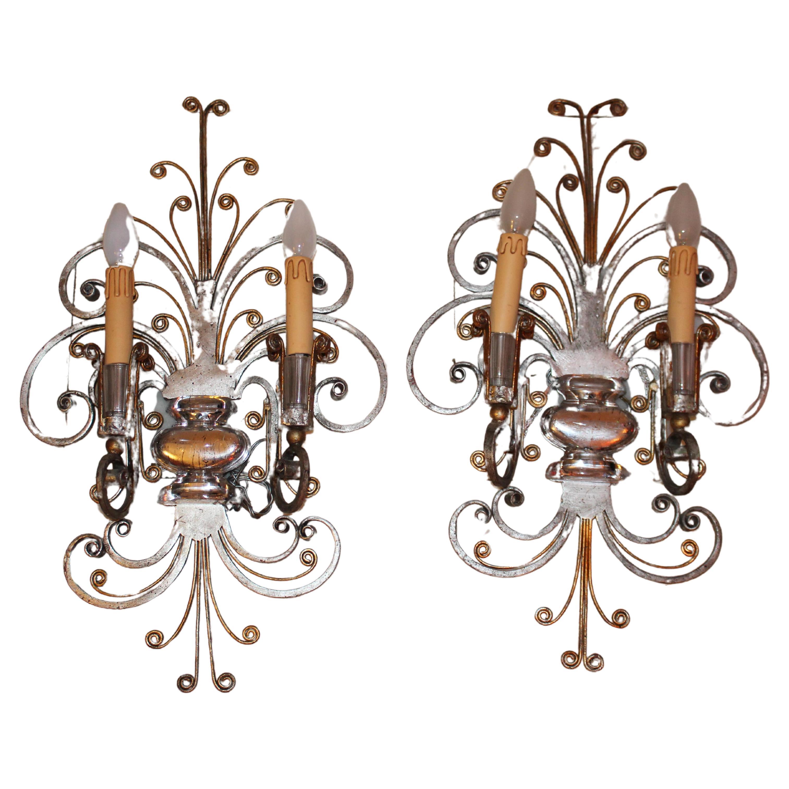 Pair French Art Deco Scrolled Gilt/ Silver Steel Maison Bagues Wall Sconces