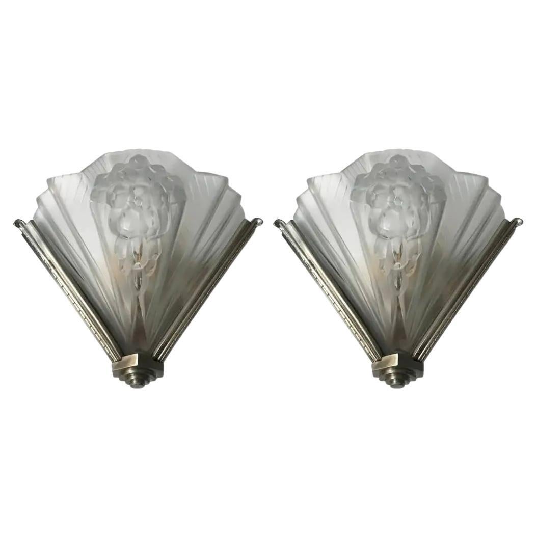 Pair French Art Deco Signed Art Glass Sconces with Original Mounts, circa 1930s For Sale