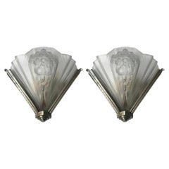 Pair French Art Deco Signed Art Glass Sconces with Original Mounts, circa 1930s