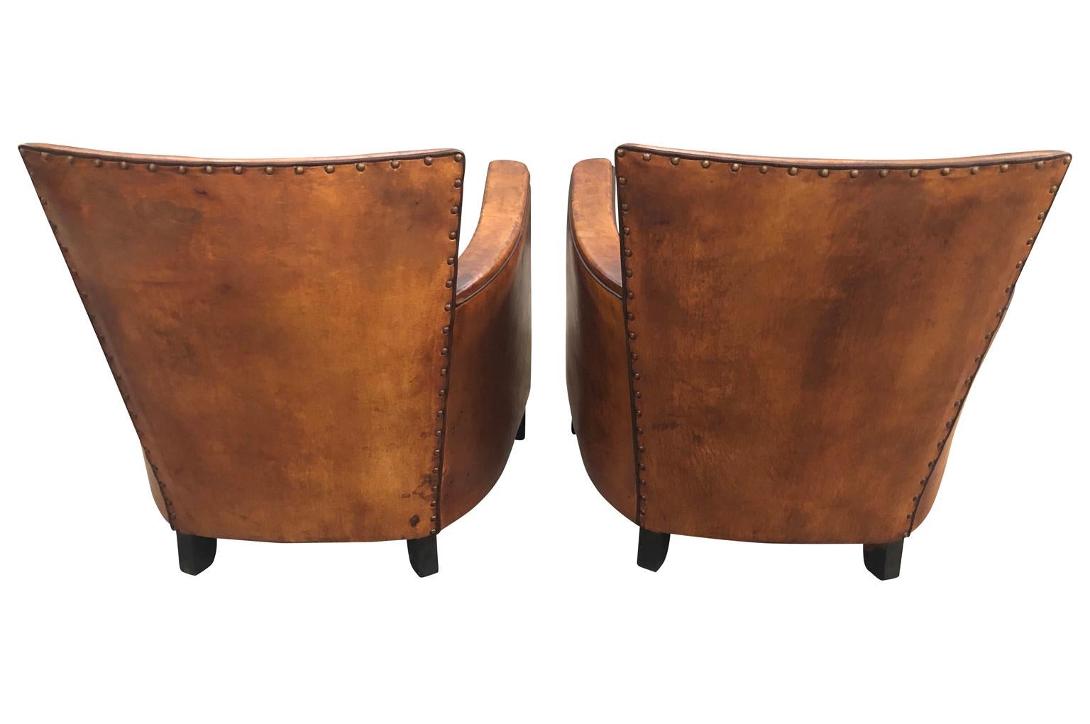 Leather Pair of French Art Deco Style Club Chairs