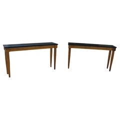 Pair French Art Deco Style Gilded Ebonized Wood Top Console Tables circa 1950