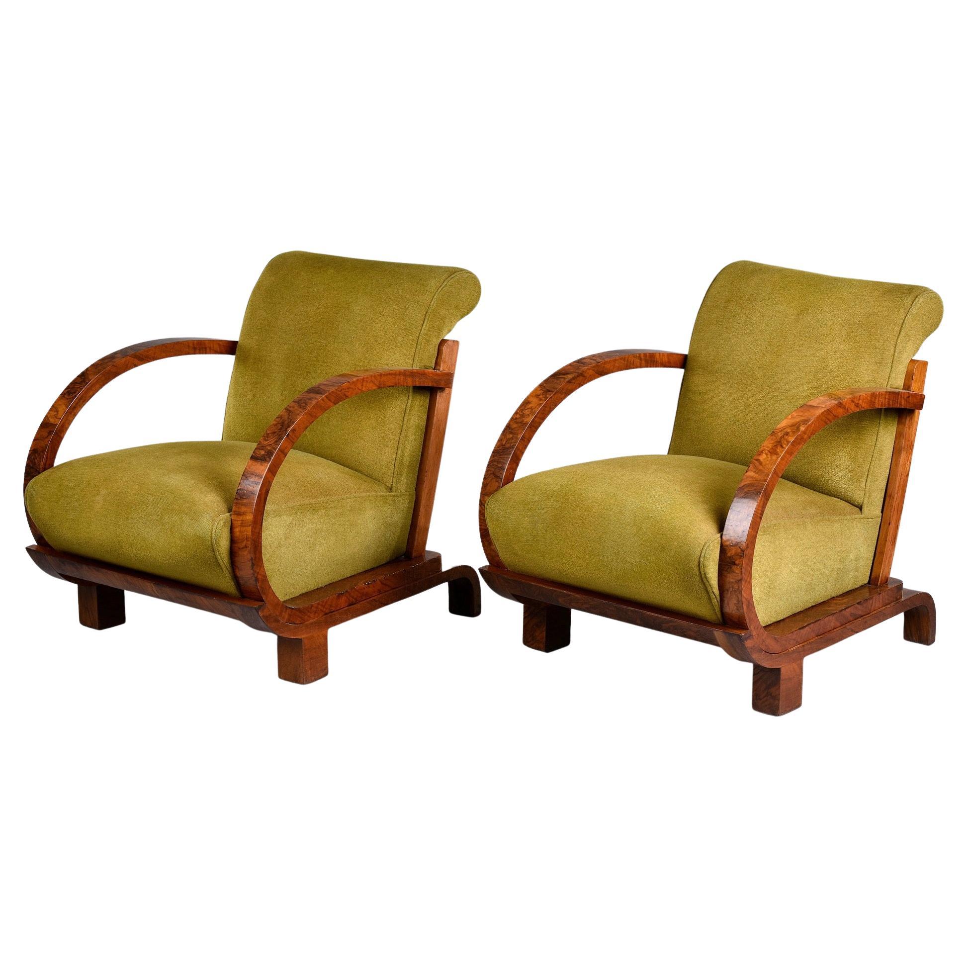 Pair French Art Deco Walnut Bentwood Armchairs with Original Upholstery