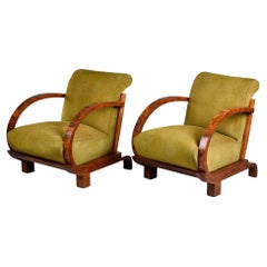 Pair French Art Deco Walnut Bentwood Armchairs with Original Upholstery