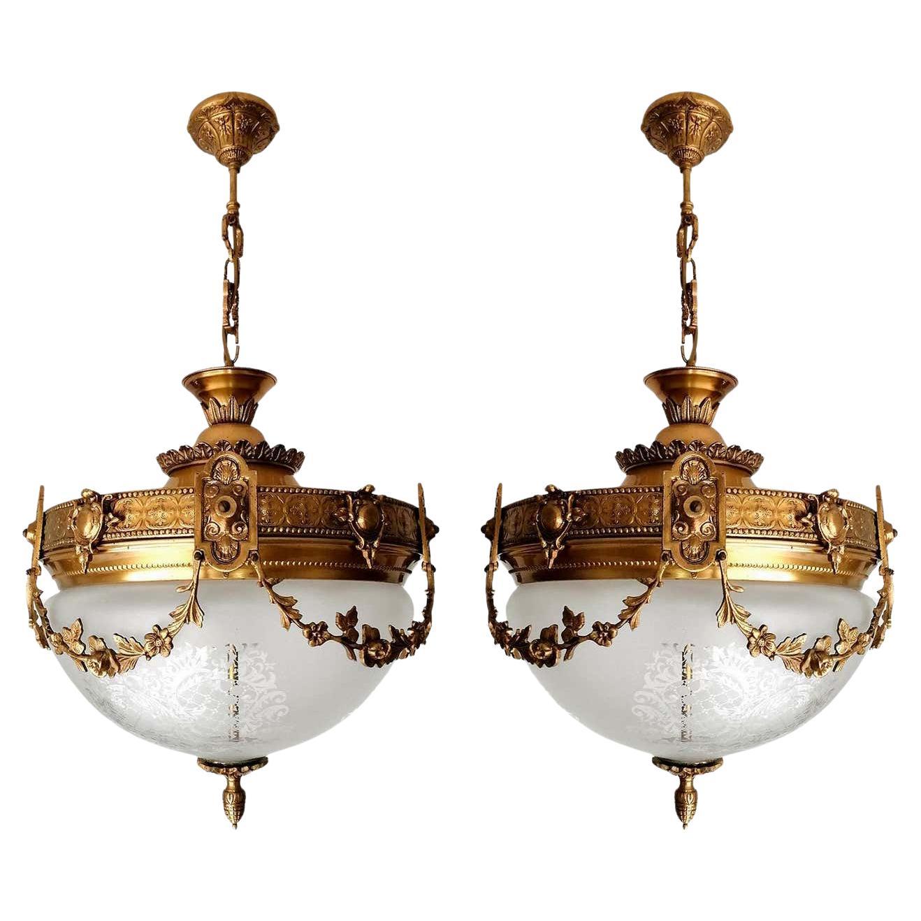 Pair French Art Nouveau Art Deco Gilt Bronze Etched Glass Chandelier Flushmount In Good Condition In Coimbra, PT
