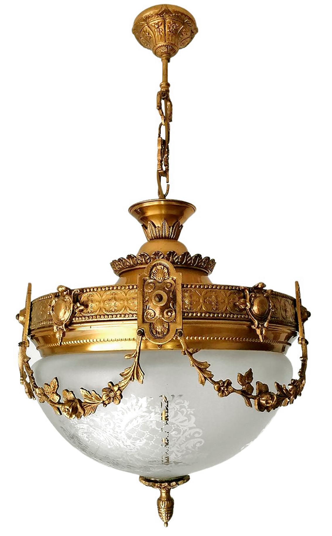 Pair French Art Nouveau Art Deco Gilt Bronze Etched Glass Chandelier Flushmount 2