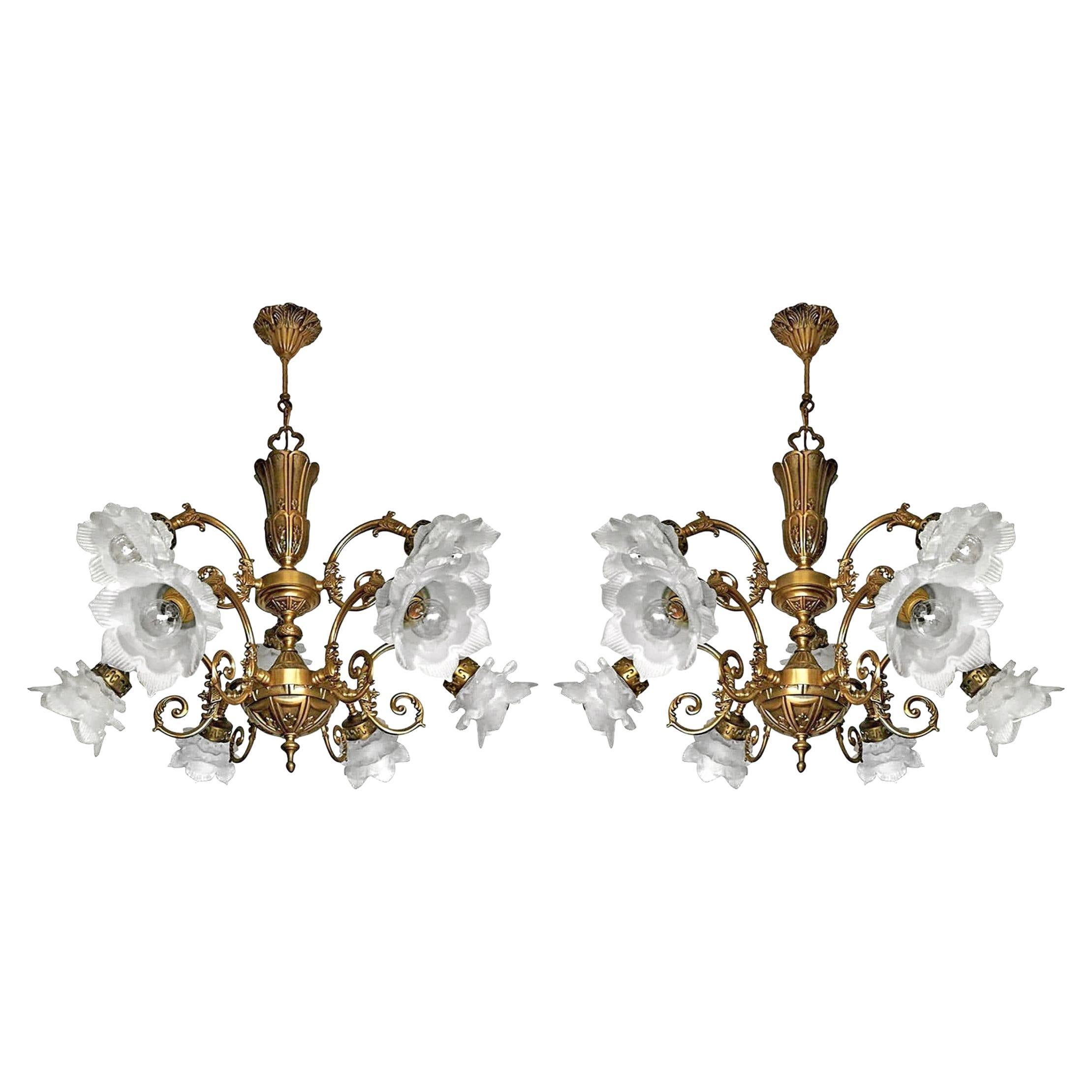 French Art Deco Art Nouveau Style Art Glass Gilt Brass Chandelier w