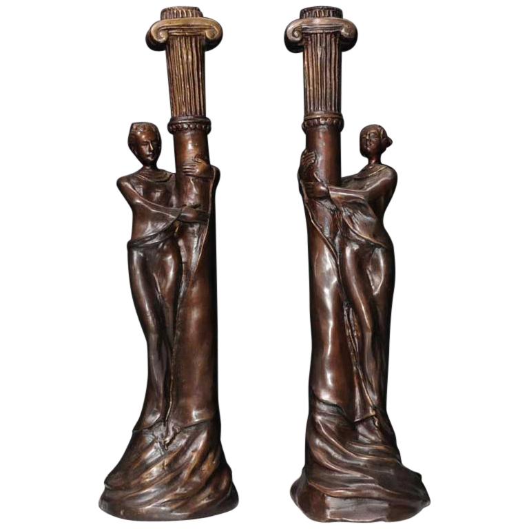 Pair of French Art Nouveau Bronze Candlesticks Candelabras, 20th Century For Sale