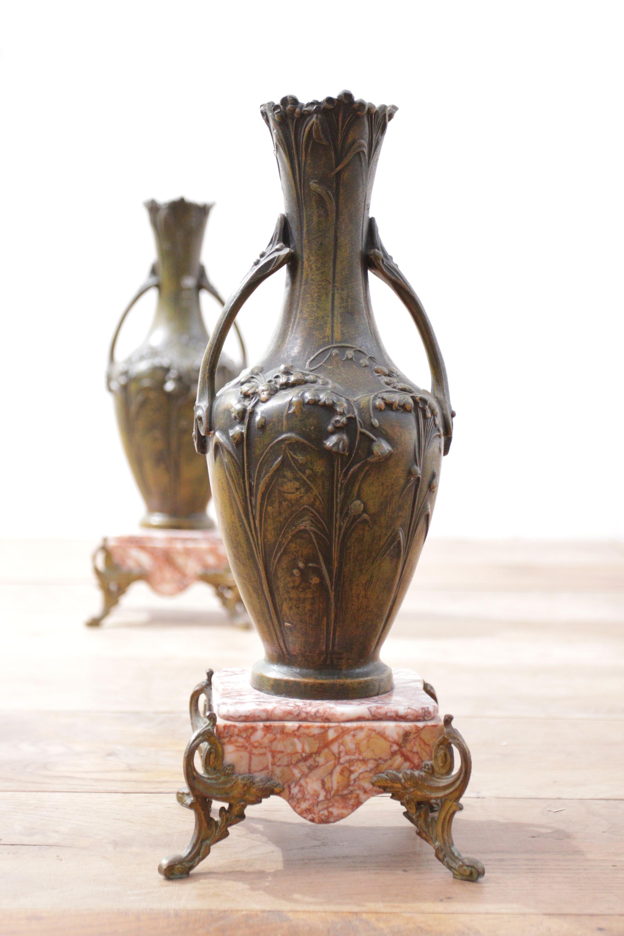 Late 19th Century Pair French Art Nouveau Bronzed Vases Floral Motif with Marble Base