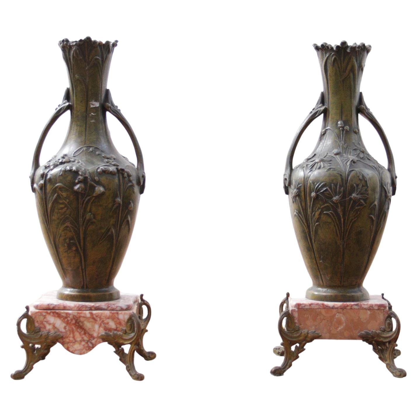 Pair French Art Nouveau Bronzed Vases Floral Motif with Marble Base