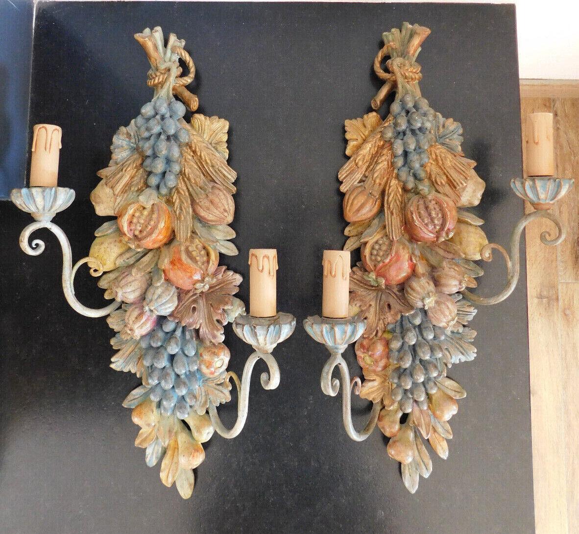 Pair Large Art Nouveau Expertly Carved and Patinated Wood Wall Sconces. Polychrome tones, fruit, flowers. French Estate sale acquisition.