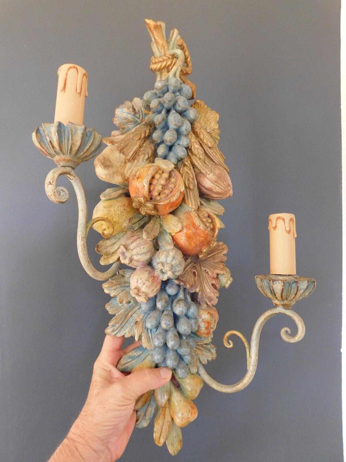 Pair French Art Nouveau Carved and Patinated Fruit/ Flower Form Wall Sconces In Good Condition For Sale In Opa Locka, FL