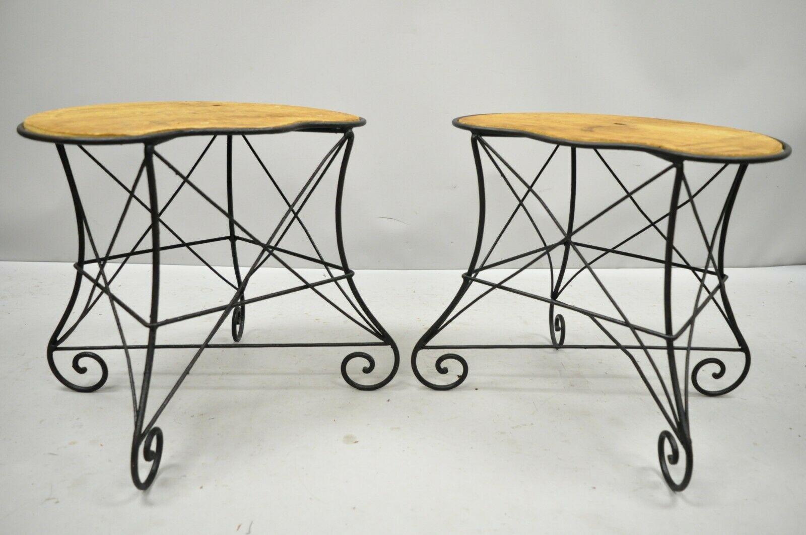 Pair of Art Nouveau Style Stool Bench Seats with Scrolling Wrought Iron Frame 6