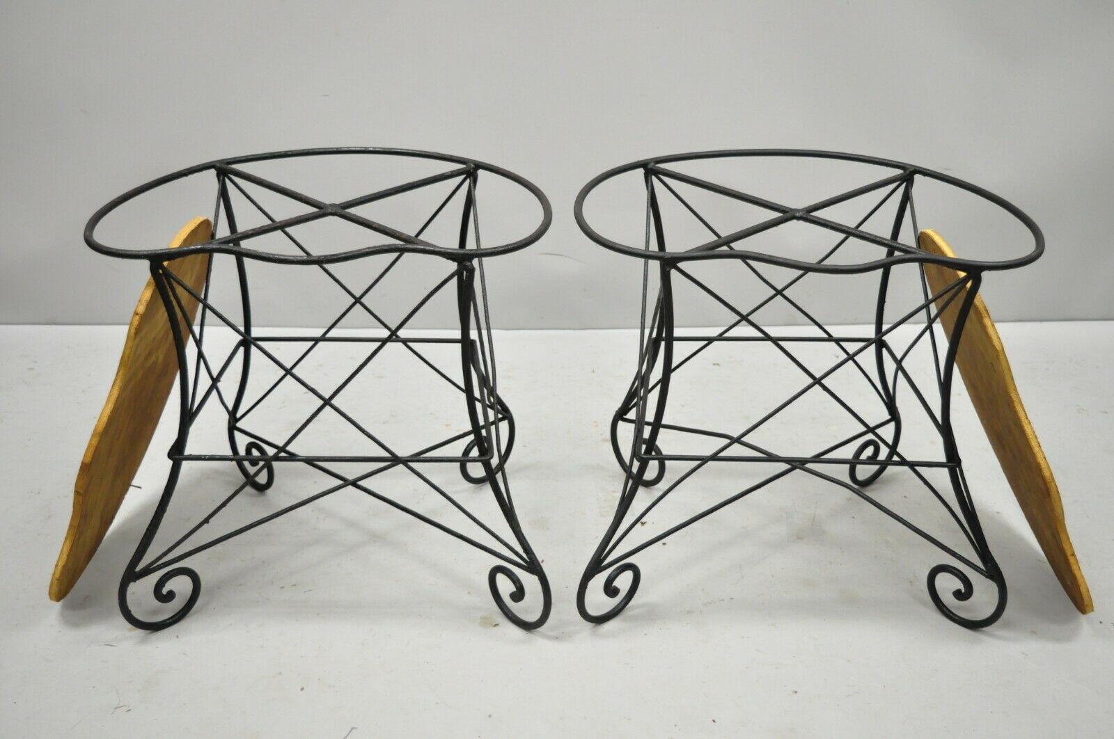 Pair of Art Nouveau Style Stool Bench Seats with Scrolling Wrought Iron Frame In Good Condition In Philadelphia, PA