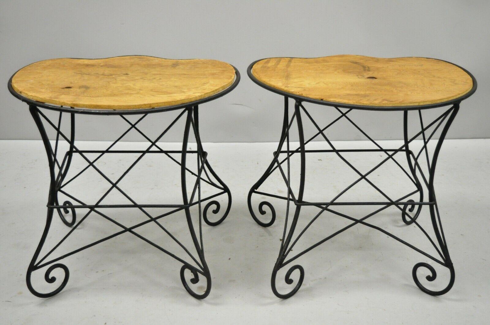 Pair of Art Nouveau Style Stool Bench Seats with Scrolling Wrought Iron Frame 2