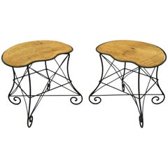 Pair of Art Nouveau Style Stool Bench Seats with Scrolling Wrought Iron Frame