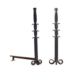 Pair of French Arts & Crafts Period Wrought Iron Andirons, circa 1900