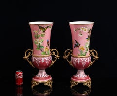Pair French Baccarat Pink Opaline & Ormolu Vases, Exposition Universelle 1876