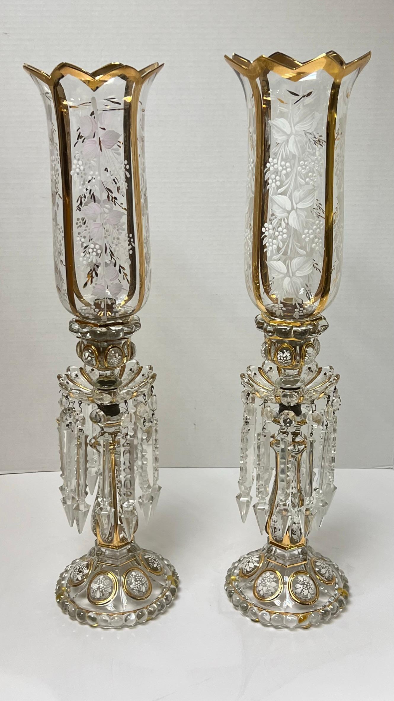 Pair French Baccarat style Gilt and White Enameled Lusters 2