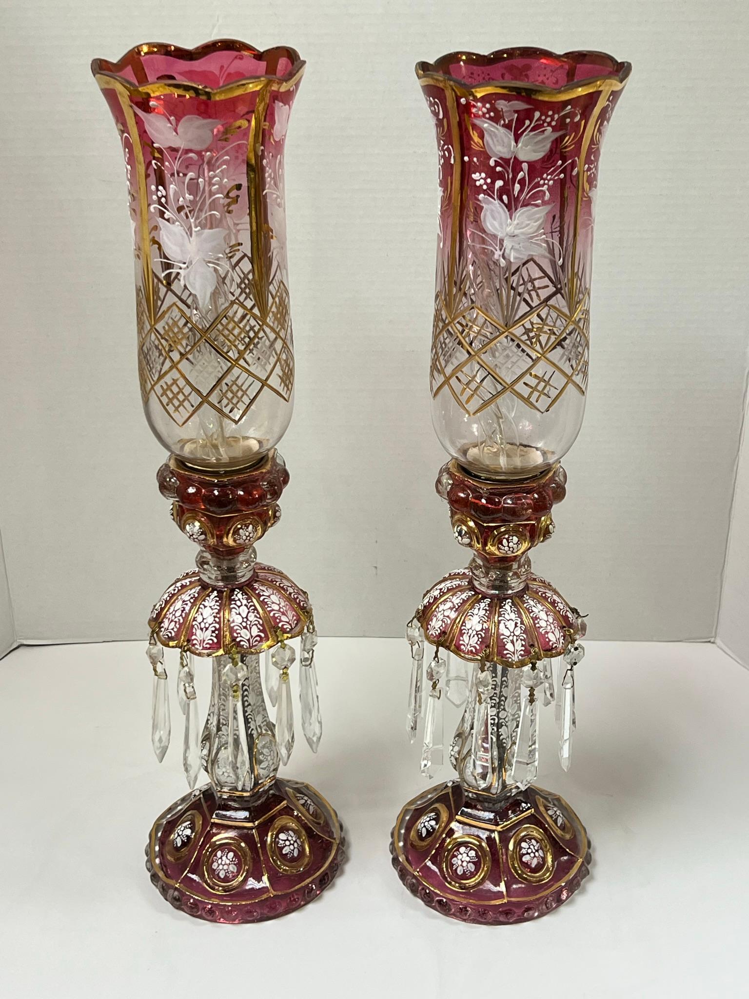 Pair French Baccarat style Ruby Red and Cut Glass Lusters with Hurican shades For Sale 4