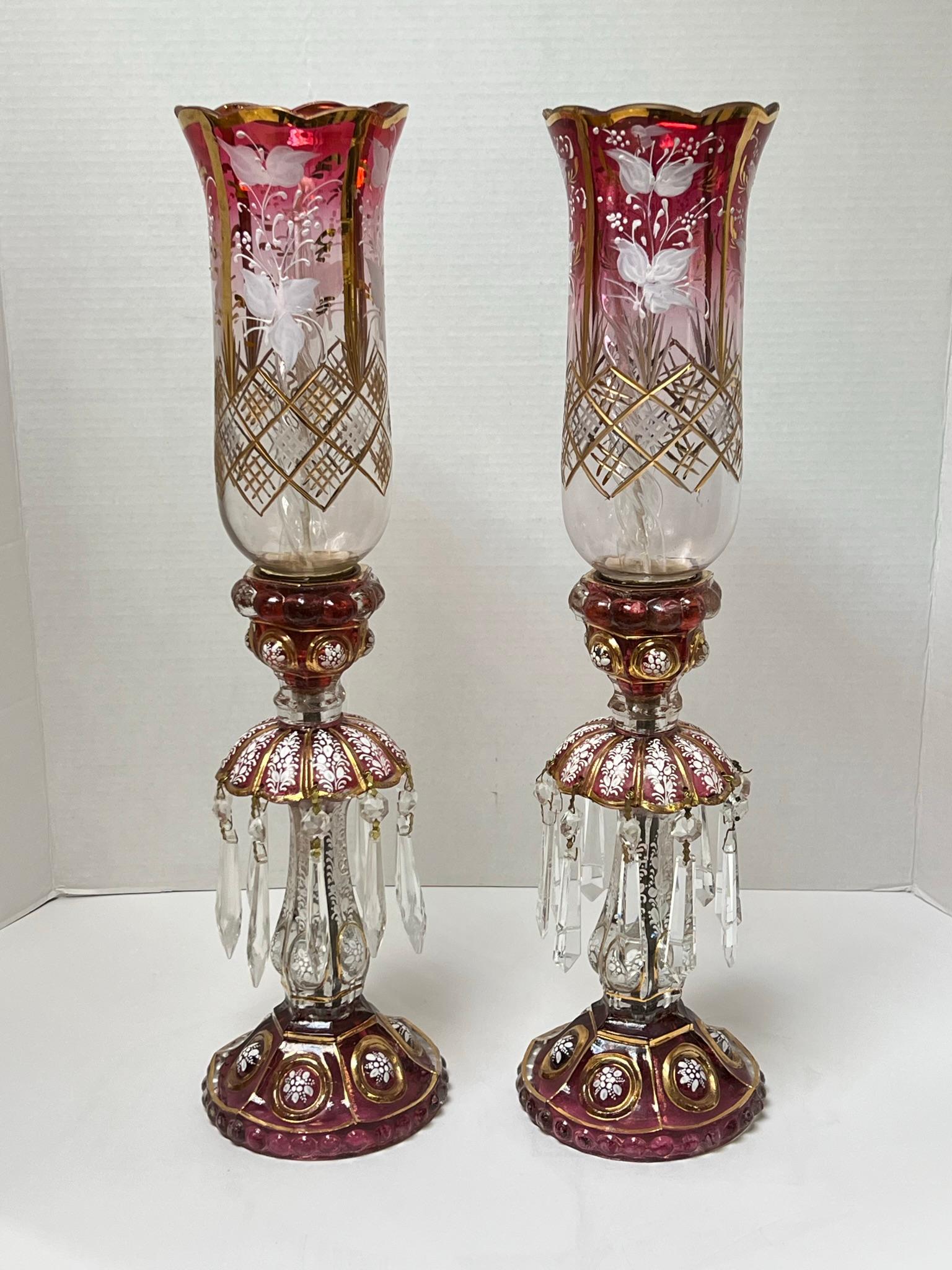 Pair French Baccarat style Ruby Red and Cut Glass Lusters with Hurican shades For Sale 5