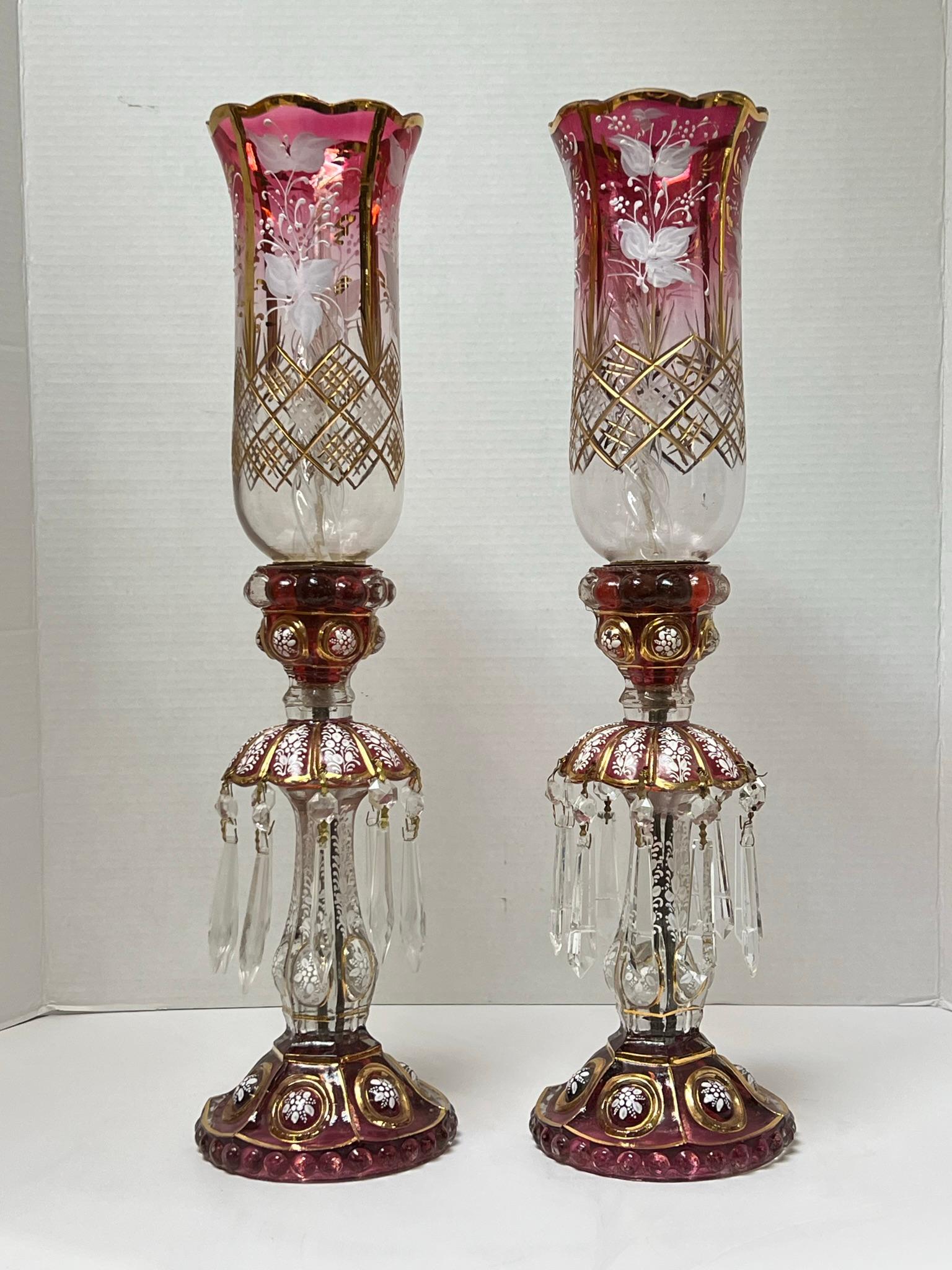 Pair French Baccarat style Ruby Red and Cut Glass Lusters with Hurican shades For Sale 6