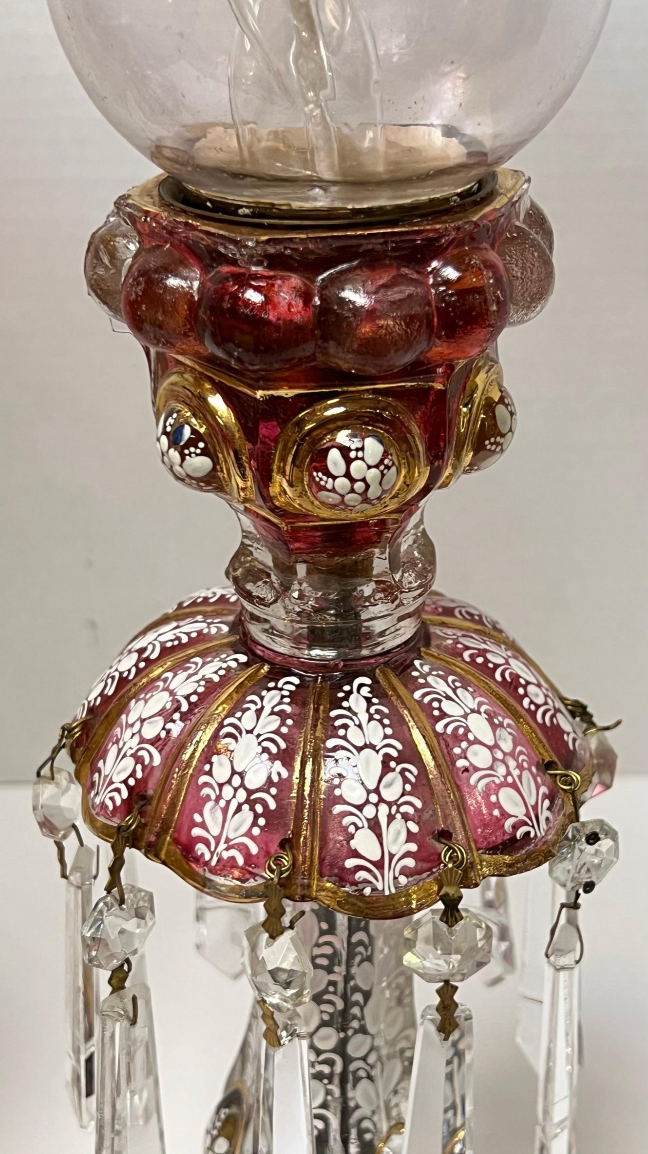 Pair French Baccarat style Ruby Red and Cut Glass Lusters with Hurican shades For Sale 9