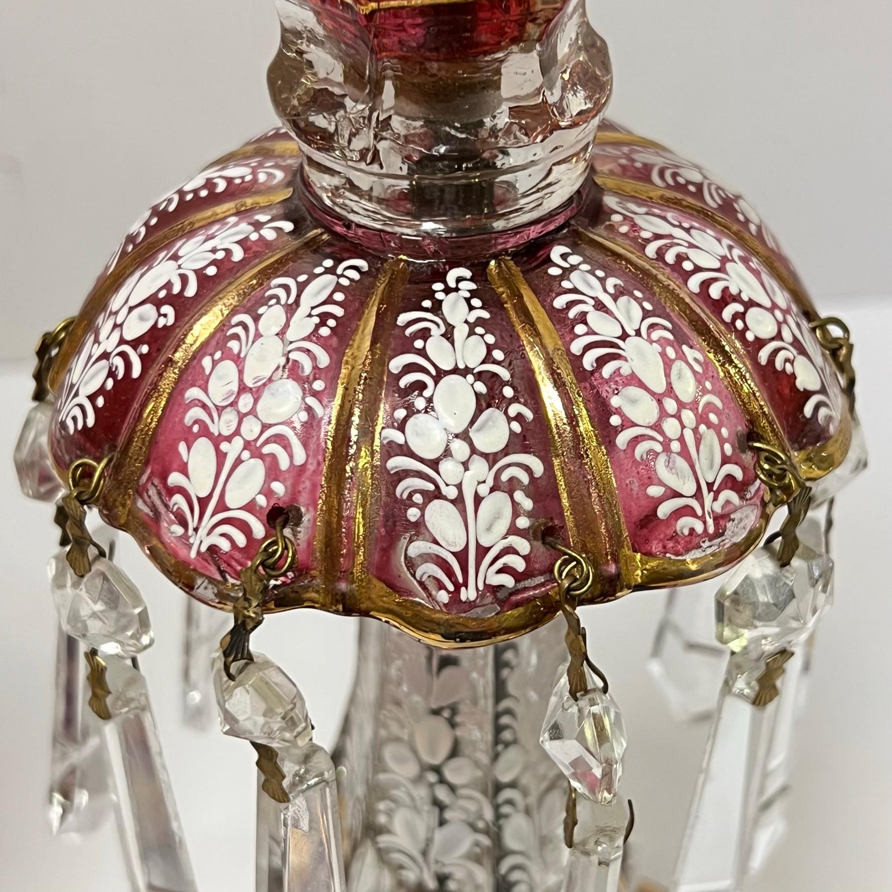 Gilt Pair French Baccarat style Ruby Red and Cut Glass Lusters with Hurican shades For Sale