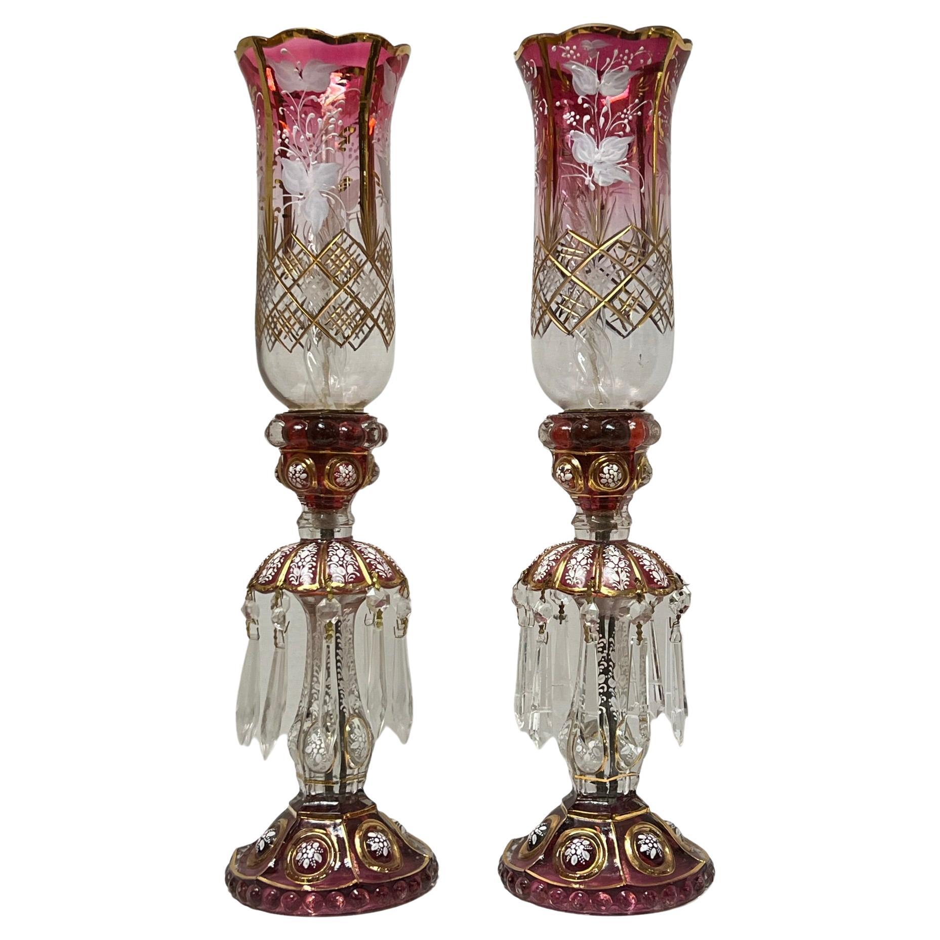 Pair French Baccarat style Ruby Red and Cut Glass Lusters with Hurican shades For Sale