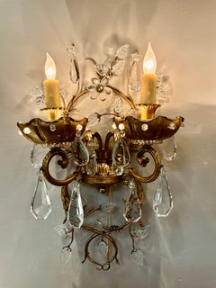 Pair French Bagues wall sconces gilt bronze and crystal