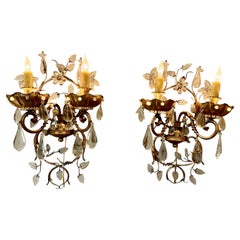 Pair French Bagues wall sconces gilt bronze and crystal