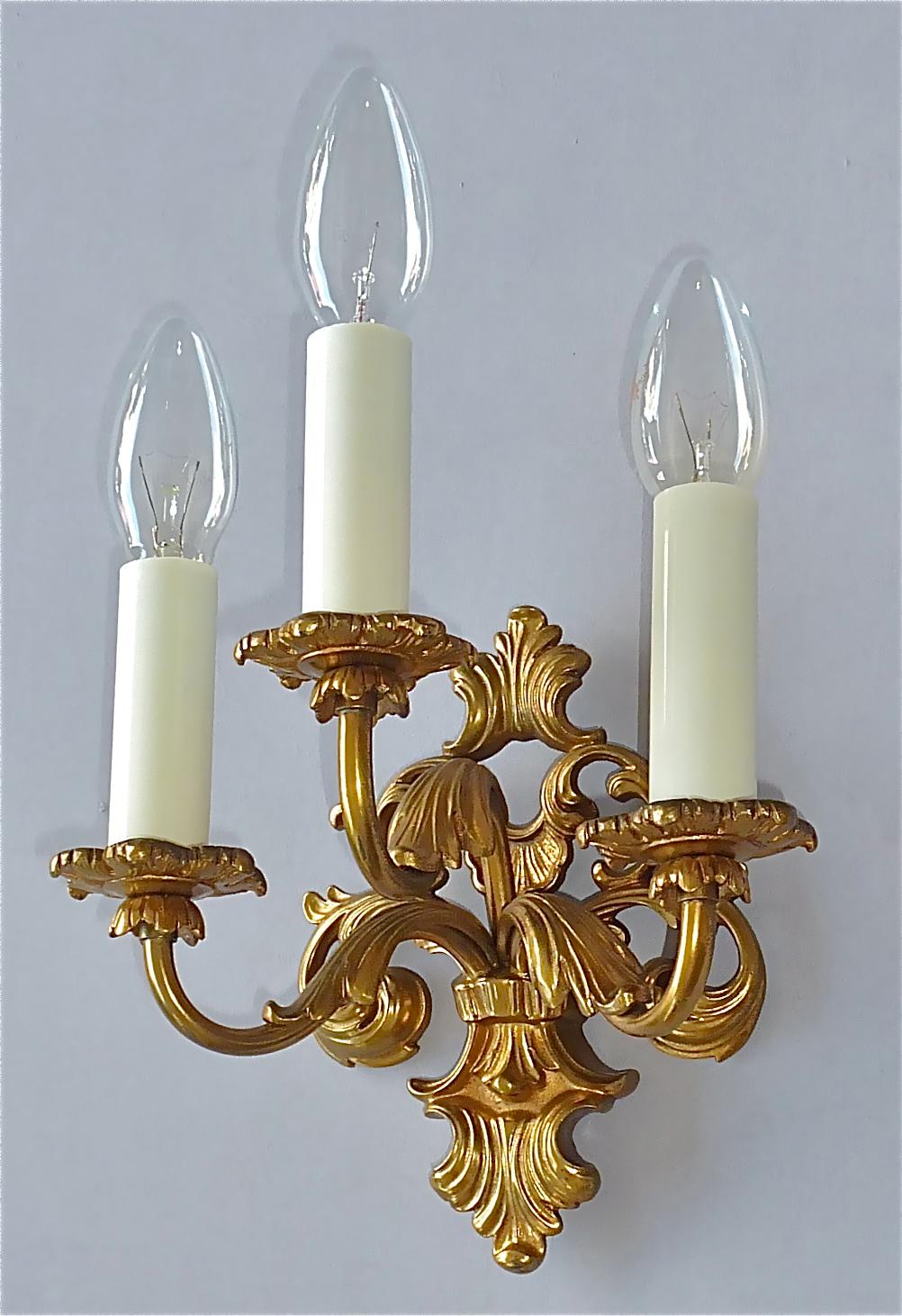 Pair French Baroque Rococo Style Gilt Bronze Sconces Lamps Maison Bagues 1950s 6