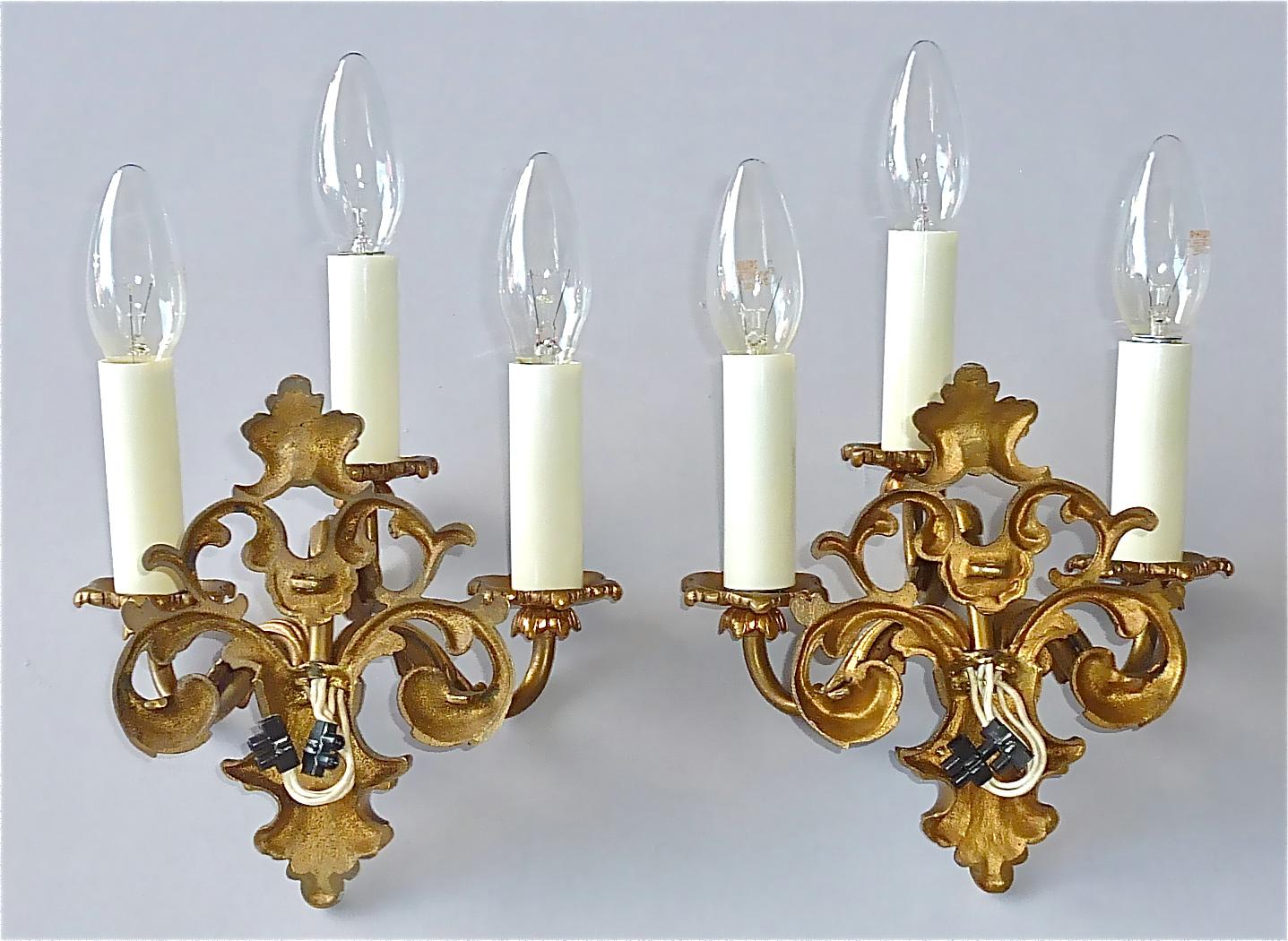 Pair French Baroque Rococo Style Gilt Bronze Sconces Lamps Maison Bagues 1950s 7