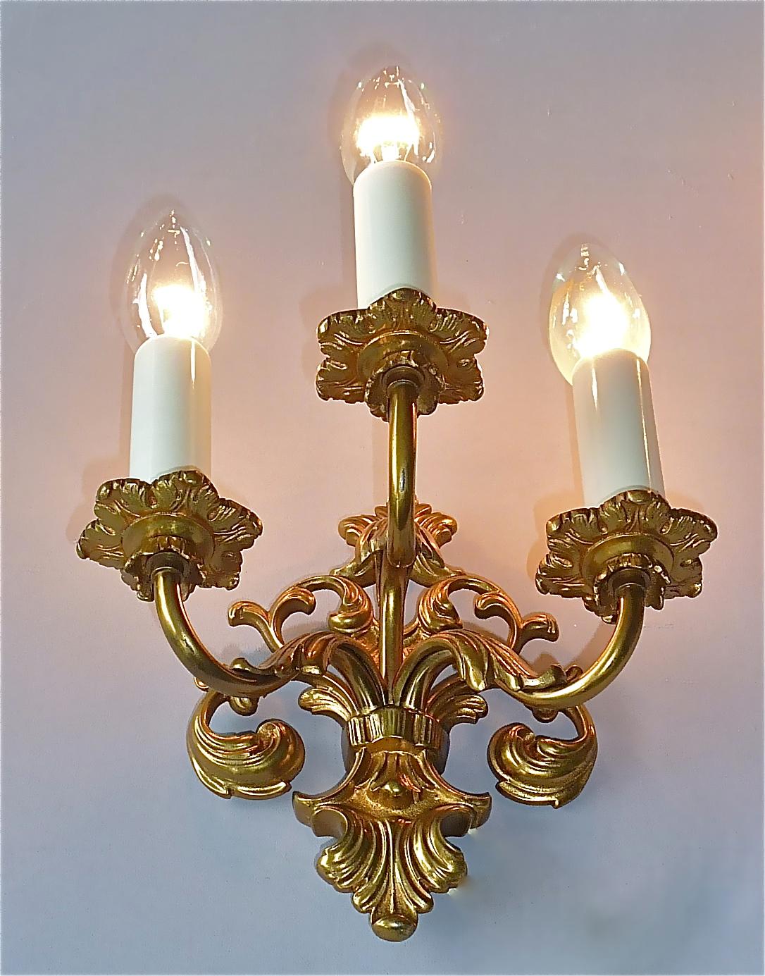 Pair French Baroque Rococo Style Gilt Bronze Sconces Lamps Maison Bagues 1950s 8