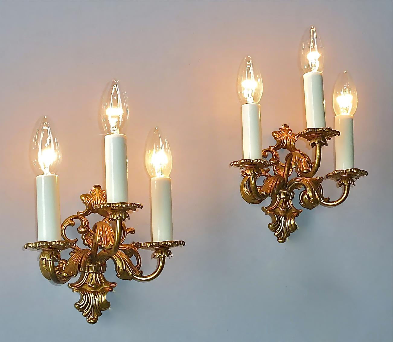 Pair French Baroque Rococo Style Gilt Bronze Sconces Lamps Maison Bagues 1950s 9