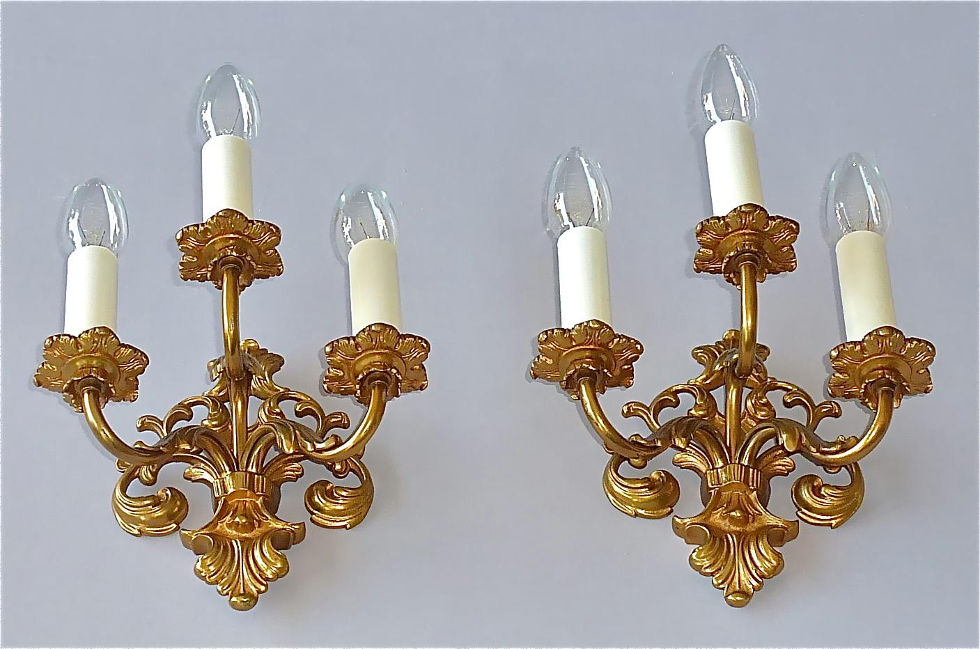 Metal Pair French Baroque Rococo Style Gilt Bronze Sconces Lamps Maison Bagues 1950s