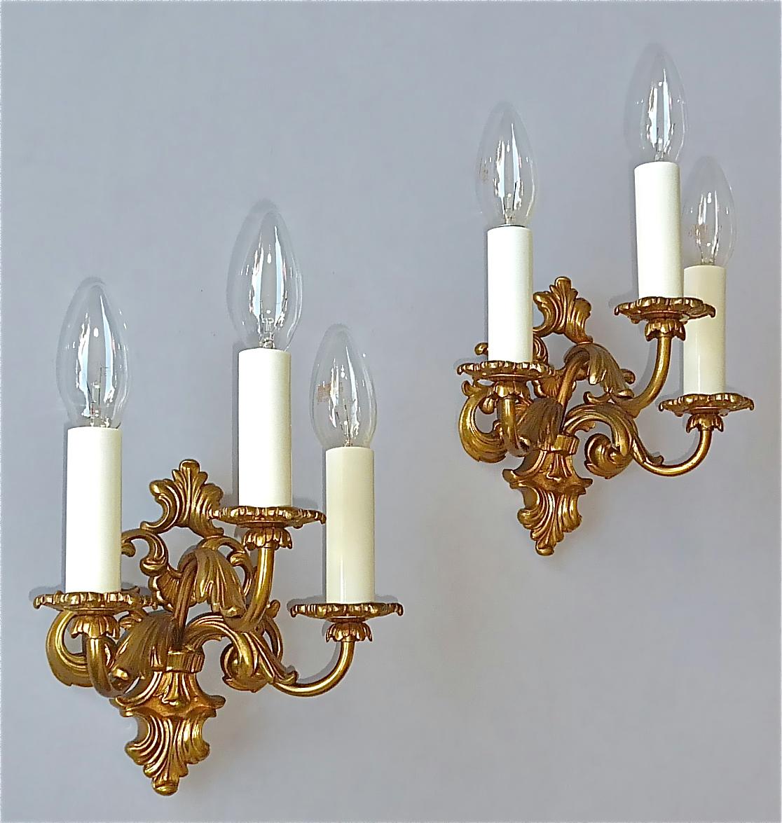 Pair French Baroque Rococo Style Gilt Bronze Sconces Lamps Maison Bagues 1950s 1