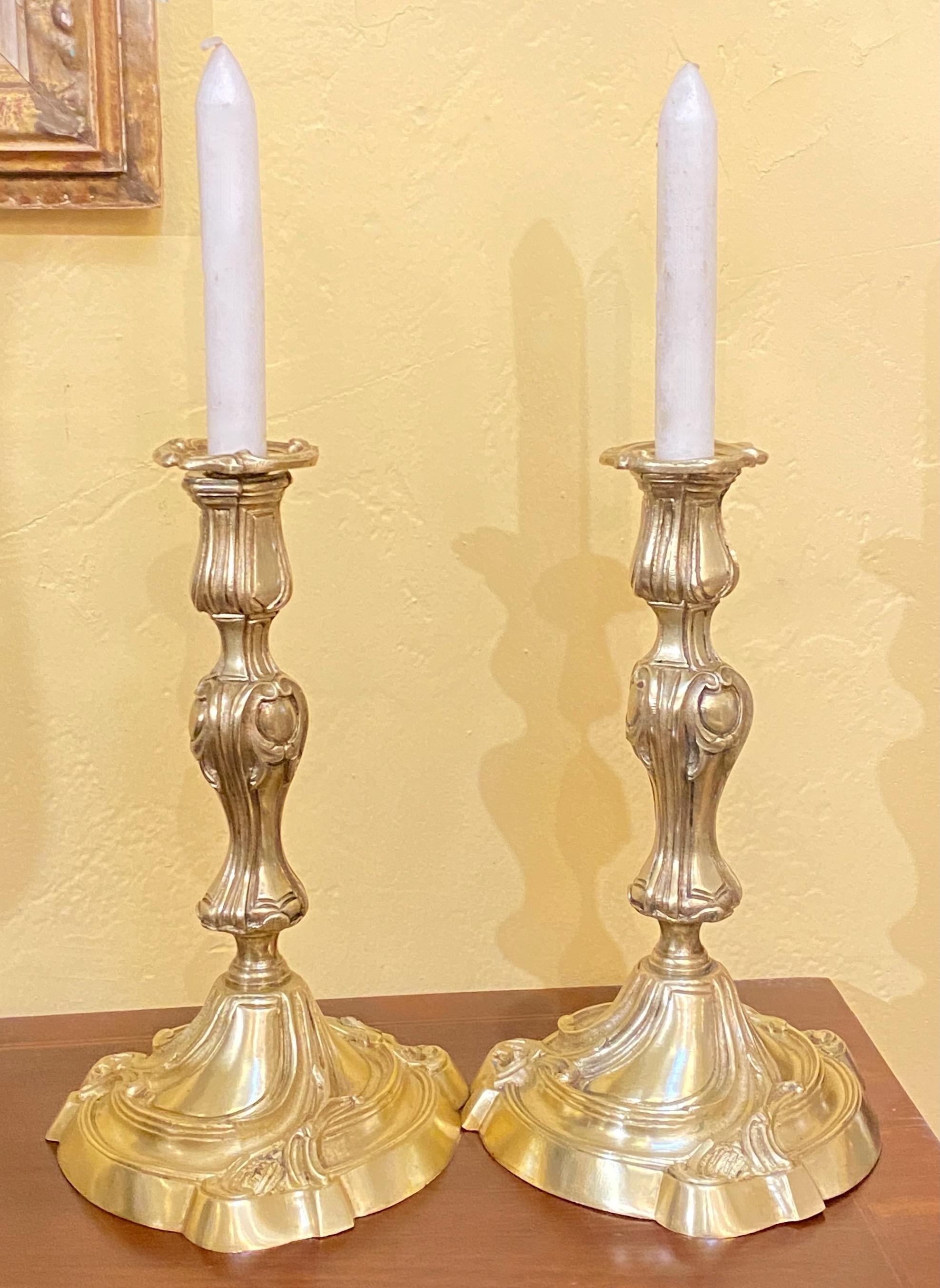 Pair French Baroque Style Brass Candlesticks Candle Lamps, Early 19th Century In Good Condition For Sale In San Francisco, CA