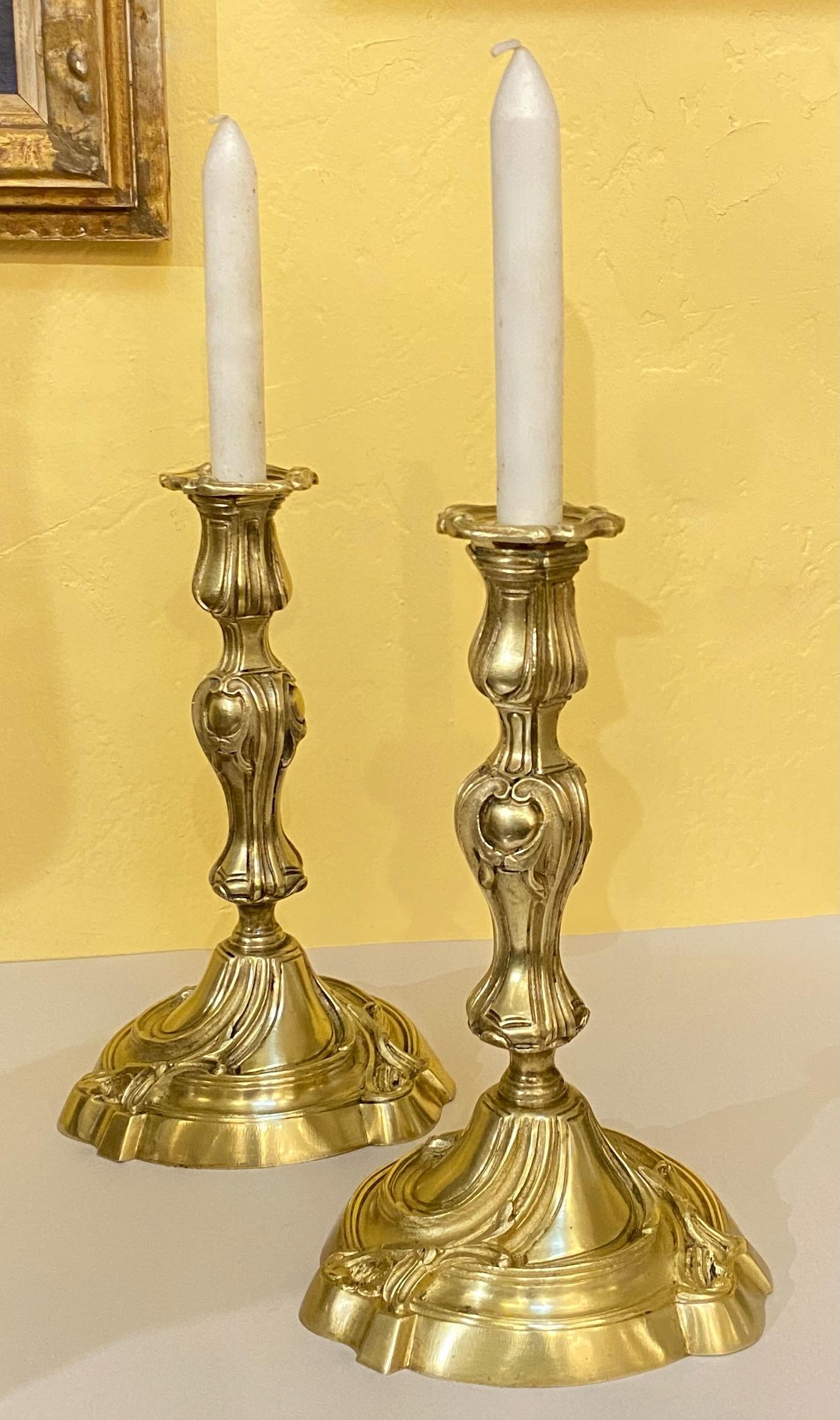 Pair French Baroque Style Brass Candlesticks Candle Lamps, Early 19th Century For Sale 1
