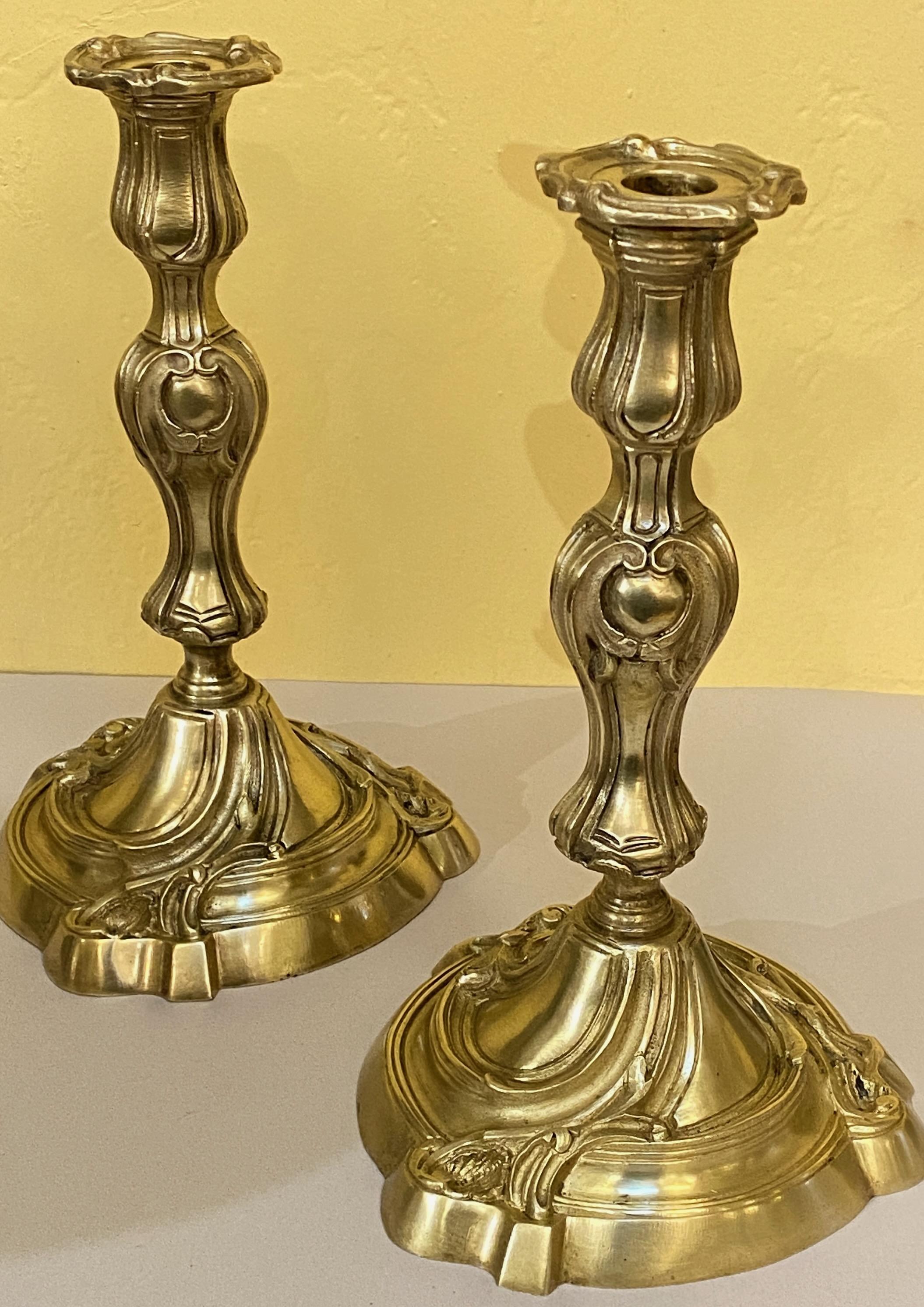 Pair French Baroque Style Brass Candlesticks Candle Lamps, Early 19th Century For Sale 4