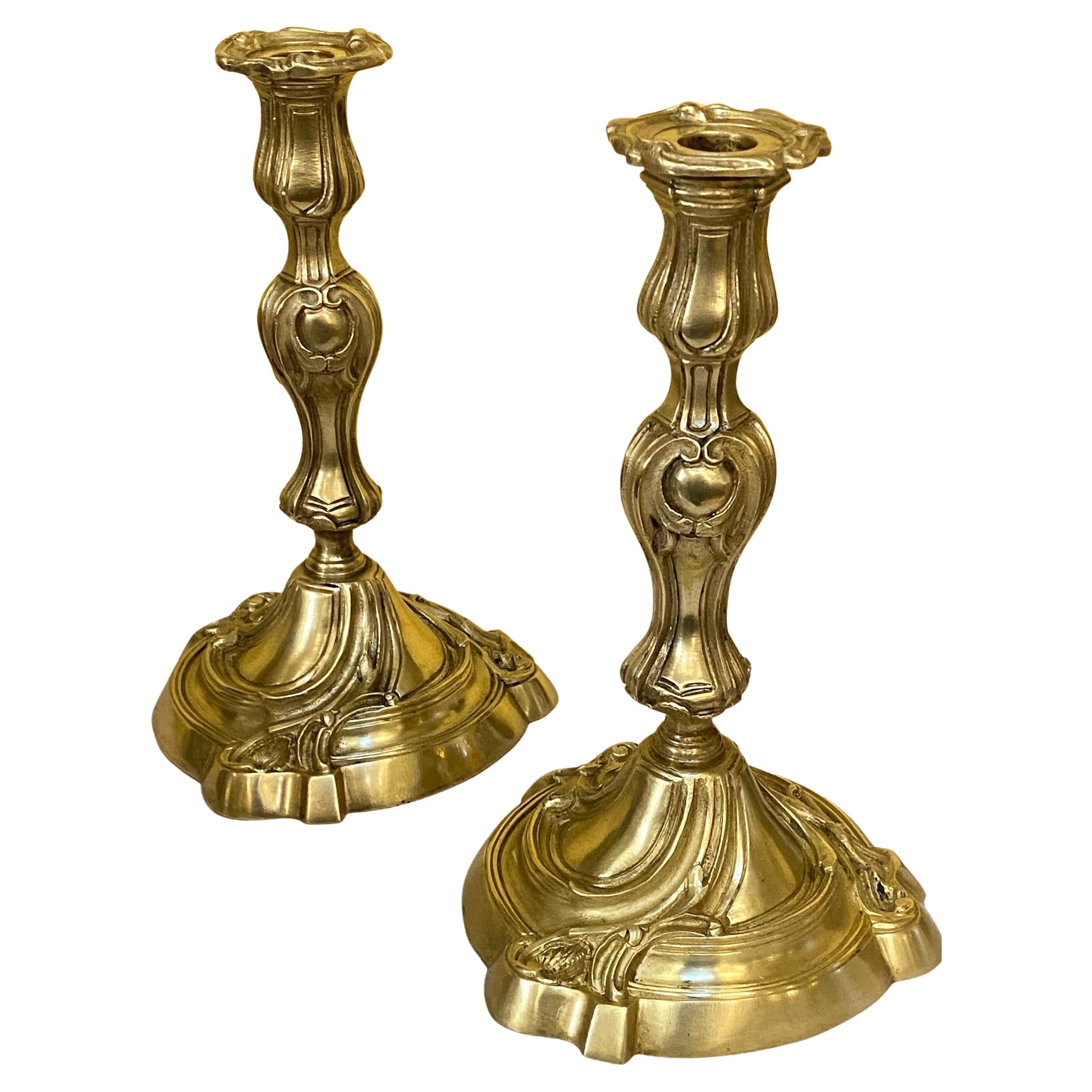 Pair French Baroque Style Brass Candlesticks Candle Lamps, Early 19th Century For Sale