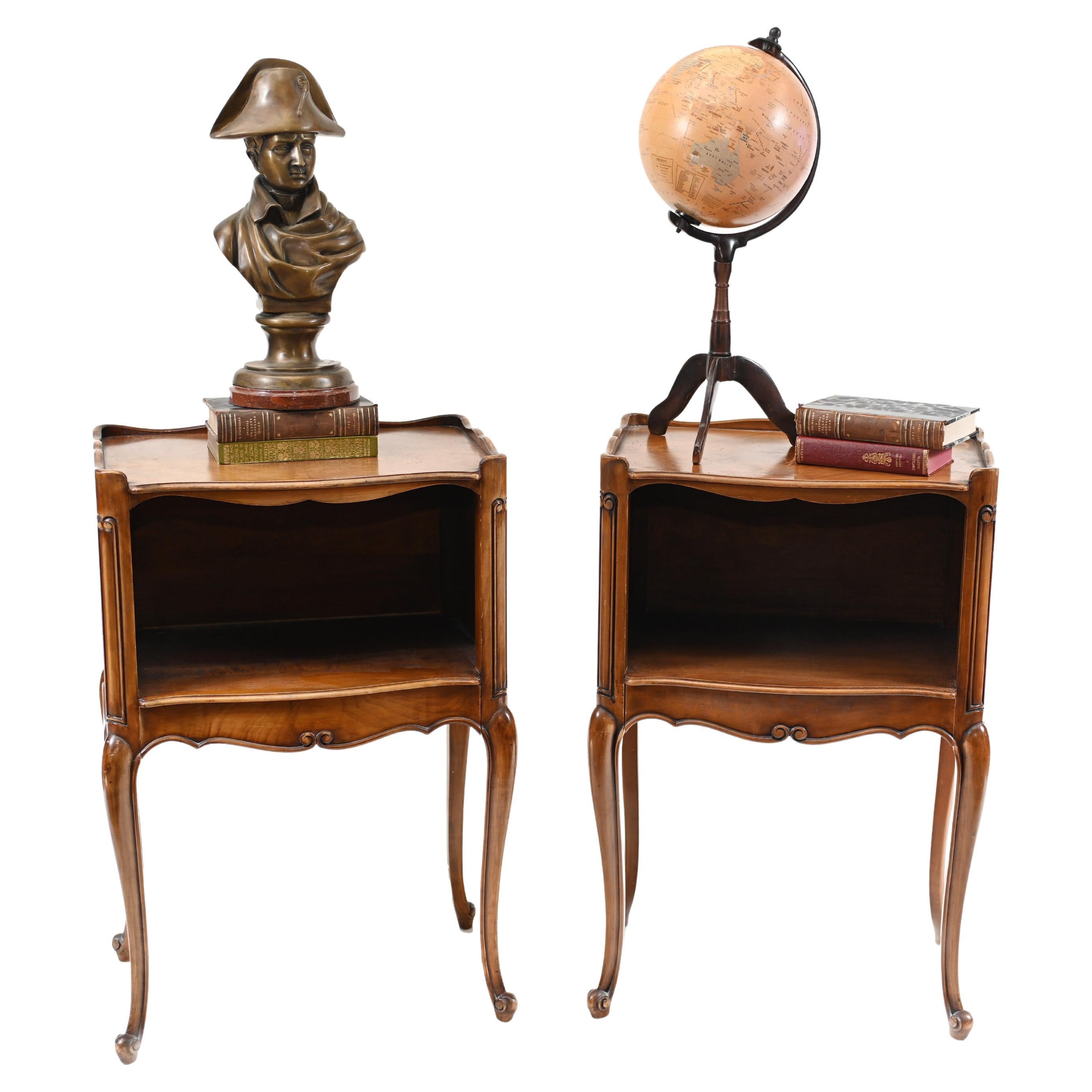 Pair French Bedside Cabinets Antique Walnut Nightstands